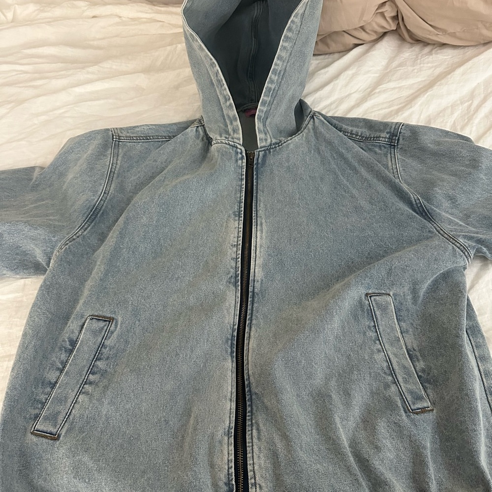 Edikted Hooded Vintage Washed Denim Bomber Jacket Size M - Picture 2 of 6